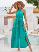 Mono pantalon mujer pierna ancha  Color puro Casual Sexy y elegante Collar COLGANTE Mono plisado - details 9