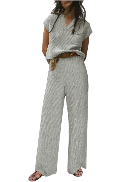 Elrachen Conjunto de suéter de punto con cuello en V y pantalones casuales para mujer, gris, tallas S-XL - 1
