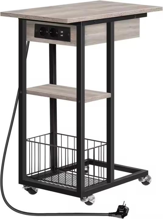 Mesa Auxiliar con Estación de Carga, Mesa de Centro Abatible en Forma de C con Ruedas y Estante de Almacenamiento, Puertos USB Tomas Corriente, para Salón Dormitorio, Greige y Negro EBG022SF01 - 1