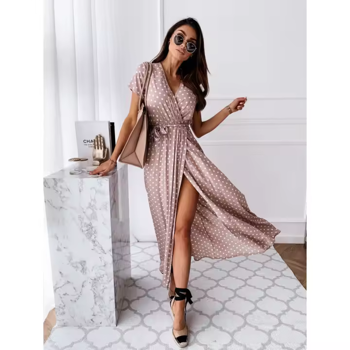 Vestido boho con cuello en V de lunares de verano, manga corta, falda larga, estampado de lunares - 1
