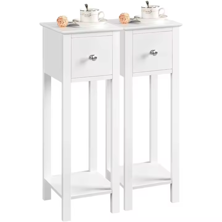 2pcs Mesitas de Noche con Cajón y Estante 25x25x70cm Mesilla de Noche Alta de Madera Lacada Mesita Auxiliar Estrecha para Dormitorio Blanco Satinado - 1
