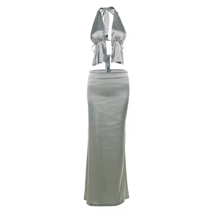 BUNO-Conjunto de faldas con espalda descubierta para Mujer, traje de playa elegante con cuello Halter y falda larga lisa, 2025 - 1