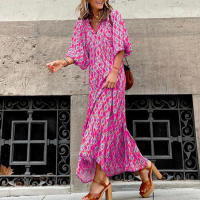 Verde Floral suelto de las mujeres Maxi vestido de verano Boho Vestido de manga abullonada con estampado geométrico - details 7