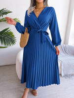 CDM Women Elegant V Neck Long Sleeve Pleated Maxi Dress - details 21