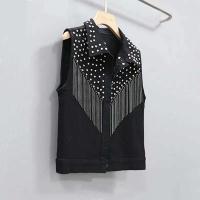 Chaqueta corta para mujer, novedad de 2023, chaleco vaquero con borlas, encaje blanco y negro con una hilera de botones, chaqueta sin mangas - details 4