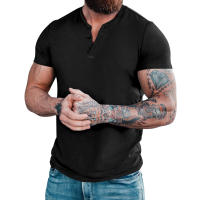 Camiseta de manga corta Henley para hombre, camisa informal de algodón, camisas Henley, M-6XL negro - details 1