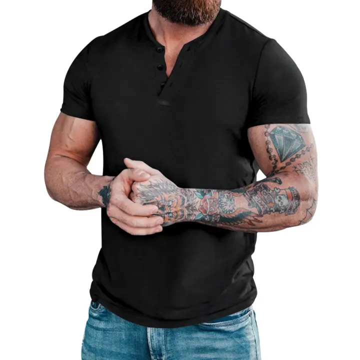 Camiseta de manga corta Henley para hombre, camisa informal de algodón, camisas Henley, M-6XL negro - 1