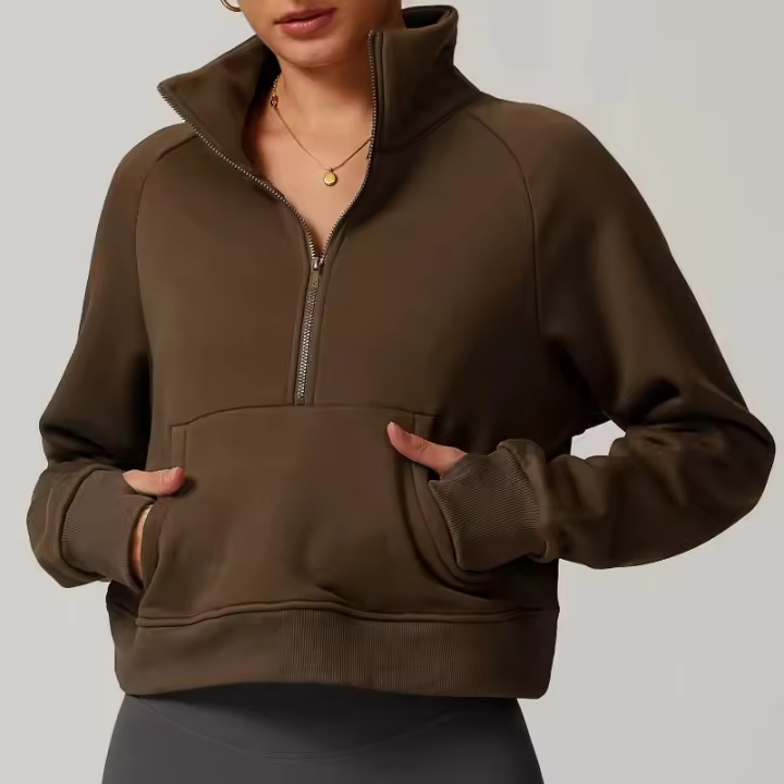 Sudadera de lana para mujer, jersey de cuello alto con media cremallera y bolsillo canguro, ropa deportiva informal suave para invierno - 1