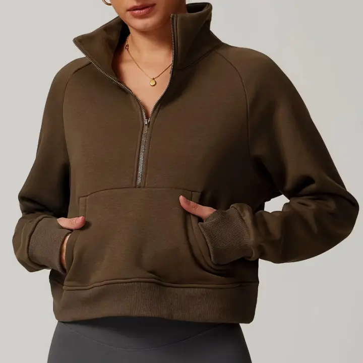 Sudadera de lana para mujer, jersey de cuello alto con media cremallera y bolsillo canguro, ropa deportiva informal suave para invierno - 1
