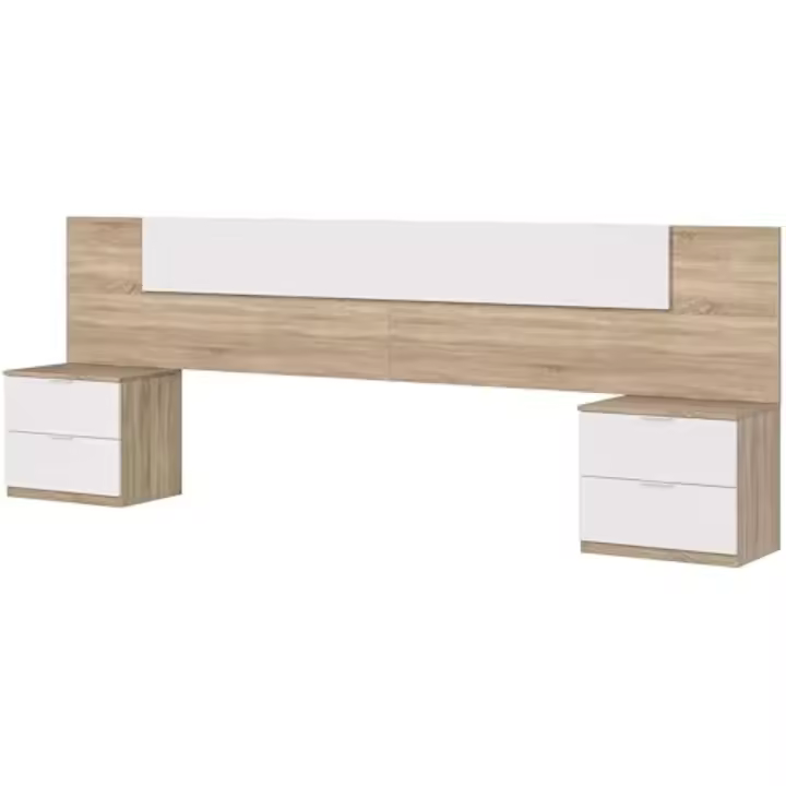 Dos Mesitas de Noche, Cabecero y Mesitas, Modelo Alaya, Acabado en Blanco Artik y Roble Canadiense, Medidas: 247 cm (Ancho) x 50 cm (Alto) x 38 cm (Fondo) - 1