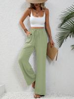 Pantalones de pierna recta con cintura elástica y bolsillo liso para mujer, pantalones casuales de pierna ancha de cintura alta para uso diario, pantalones de mujer para todas las estaciones, pantalones holgados - details 1