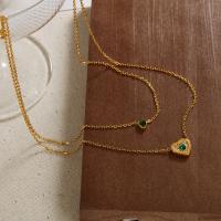 Collar vintage de corazón de esmeralda de doble capa – Cadena de clavícula de acero inoxidable francés chic para mujer - details 5
