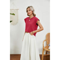 BUNO-2025 Tops para mujer, pantalón corto informal de moda de verano, camisetas básicas con textura a rayas de Color sólido y cuello redondo - details 34