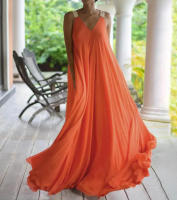 Vestido de tirantes de talla grande con cuello en V naranja nuevo de verano - details 2