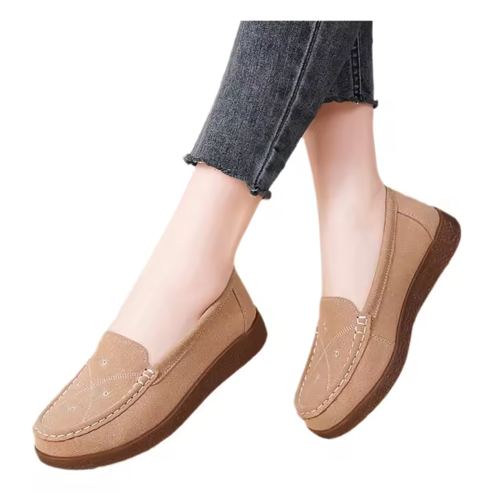 Mocasines para mujer con punta redonda bordada Suela suave y baja, de tela, estilo británico, con suela plana - 1
