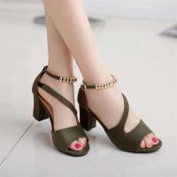 Verano Nueva línea Botón Gamuza Sandalias de tacón grueso Tacones altos romanos - details 2
