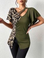 Nuevo estampado de leopardo irregular manga corta Camiseta cuello mariposa manga patchwork top mujer - details 13