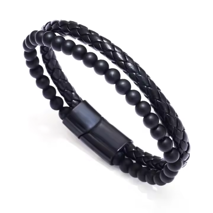 Pulsera de Ojo de Tigre Natural y Piedra Volcánica Tejida en Cuero PU con Cuentes - 1