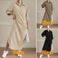 ZANZEA-vestido camisero holgado para mujer, Vestidos largos informales lisos con cuello vuelto para ir al trabajo, dobladillo redondeado de primavera - details 1
