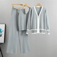Nuevo En 2023 Conjunto De Moda Para Mujer 3 Piezas Vest Top + Chaqueta De Cremallera Larga + Pantalones Con Cintura Elástica Traje De Pista Tejido - details 4