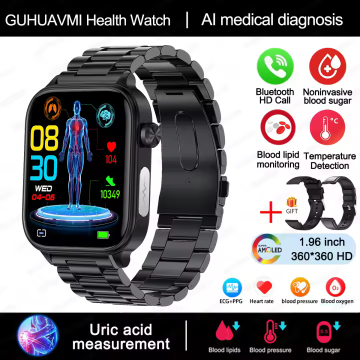 2024 Nuevo ECG + PPG Clase Médica 1,96 inch, 360*360 AMOLED Pantalla complete de HD táctil Smart Watch Azúcar en sangre, lípidos sanguíneos, temperature corporal, Llamada Bluetooth,IP68 a prueba de Agua Reloj Inteligente saludable para Android IOS - 1