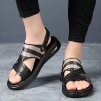 Sandalias de piel auténtica para hombre, chanclas de playa con amortiguación de aire, de diseñador, con hebilla, envueltas en el tobillo, de marca - details 22