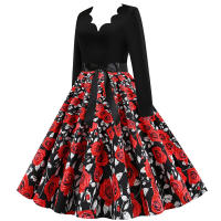 Women plaid print long sleeve vintage a line party dress v neck - details 172