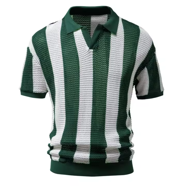 Polos 100% de algodón ahuecados para hombre, Polos de manga corta tejidos con cuello en V transparentes, Polos sexis para hombre, nuevo verano - 1