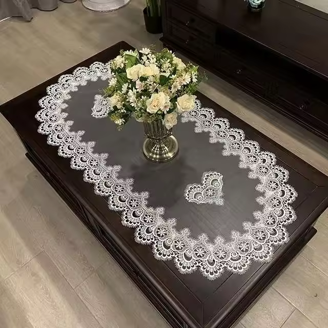Mantel de té, mantel para mesa de comedor, forma ovalada, blanco, europeo, flor bordada de poliéster, decoración de sala de estar - 1
