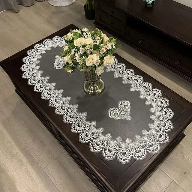 Mantel de té, mantel para mesa de comedor, forma ovalada, blanco, europeo, flor bordada de poliéster, decoración de sala de estar - 1