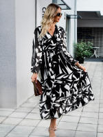 Vestido de manga larga con cuello en V estampado informal para vacaciones de otoño a la moda para mujer - details 25