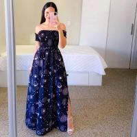 Elegante Vestido Midi de Hombros Descubiertos para Mujer 2024 Cintura Alta, Manga Corta, Estampado, Moda de Verano - details 13