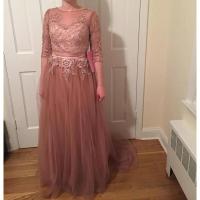 Vestidos de noche Escote redondo en gasa, elegantes apliques de tul de media manga para fiesta formal, hasta el suelo, sin espalda con - details 2