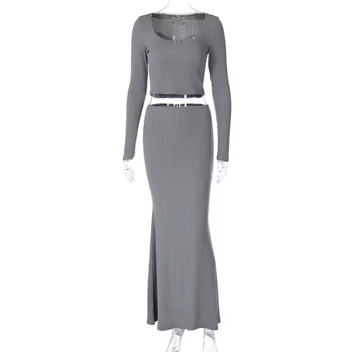 Conjunto de falda y top de cintura alta con encaje en el cuello en U, estilo moderno y elegante para mujer, otoño. - 1