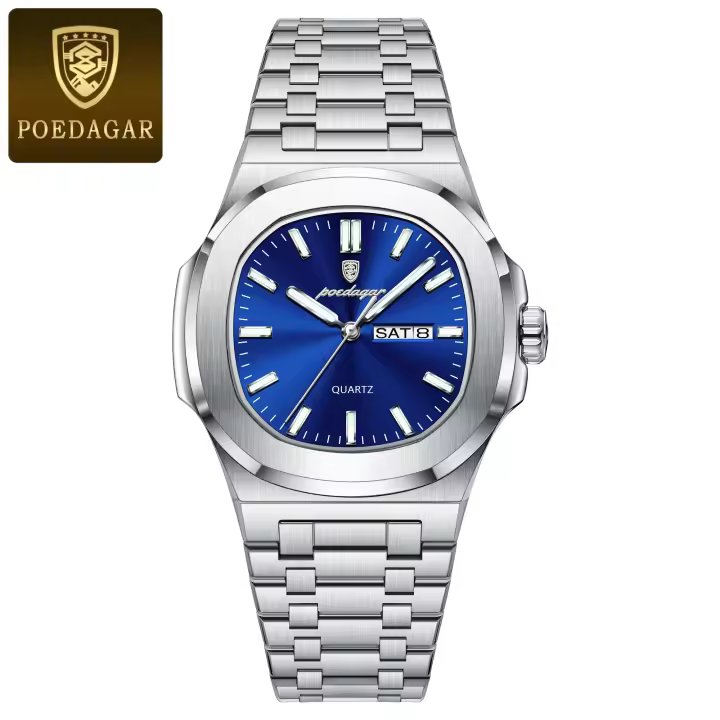 POEDAGAR Reloj de lujo militar para hombre, reloj cuadrado resistente al agua luminoso con fecha y semana, relojes de cuarzo de acero inoxidable para hombre + caja - 1