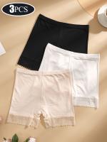 Paquete de 3 Boyshorts de viscosa para mujer con detalle de encaje en contraste, ropa interior de color liso sencillo y cómodo, tejido de punto 95% viscosa 5% elastano, pantalón corto de seguridad transpirable y suave. - details 0