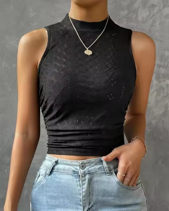 Chaleco de cuello alto sin mangas ajustado plisado bordado de malla de nuevo estilo de verano para mujer - 1