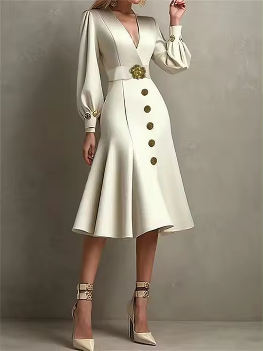 Elegante Vestido de Cena Formal con Botones UOOZEE 2025 Estilo Pleado con Cuello en V Moda de Mujer - 1