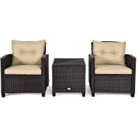 Conjunto de jardín exterior de ratán de 3 piezas, 1 mesa auxiliar de vidrio templado y 2 sillas con cojines, muebles de jardín terraza balcón exterior (negro) - details 16