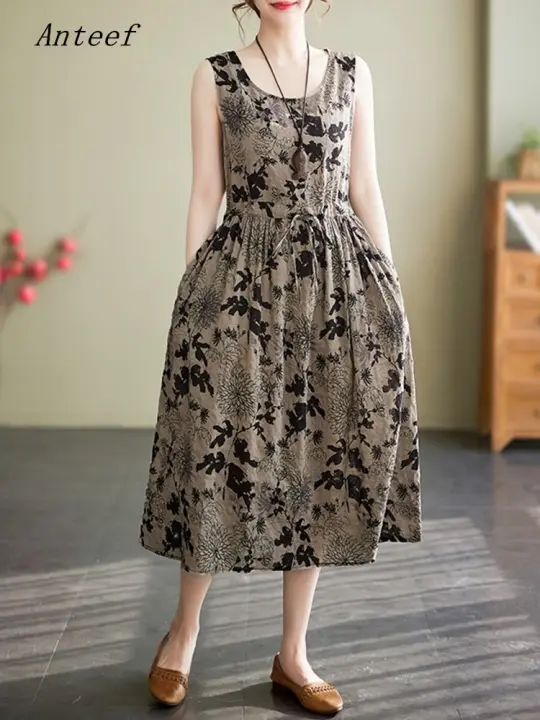 Anteef sin mangas de algodón vintage floral nuevo en vestidos para mujeres casual suelto vestido largo de verano ropa elegante 2025 - 1