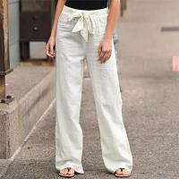 Pantalones de mujer Pantalones casuales con cordones de algodón y lino Pantalones de pierna con banda elástica Pantalones rectos de mujer - details 6