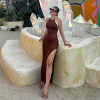 Para Praia Kintted cubrir Vestido de playa Sexy Maxi hendidura ceñido al cuerpo vestido de verano Bikinis encubrimientos elegante vestido de playa Halter - details 15