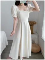 Elegante Vestido Largo Adelgazante para Mujer Manga Abullonada, Cuello Cuadrado, Ligero para el Verano con Falda Blanca Ajustada a la Cintura - details 7