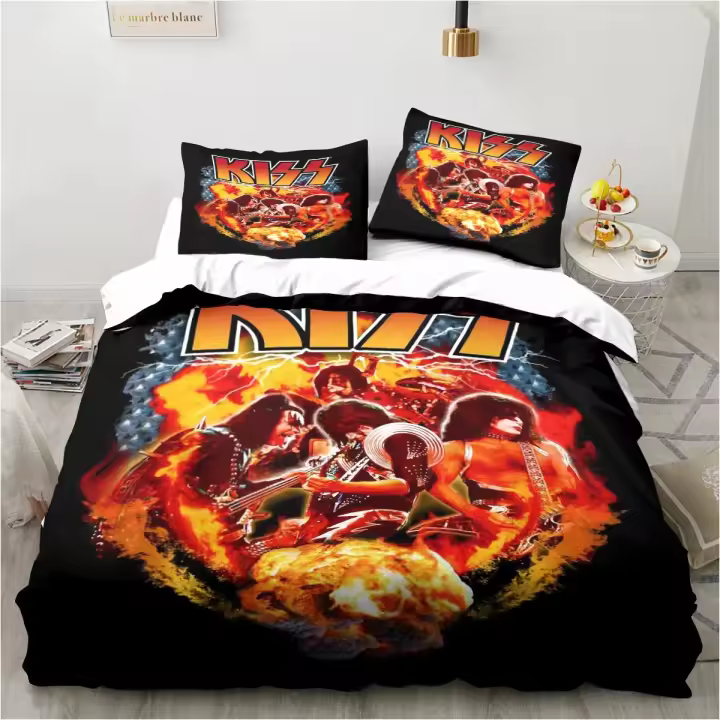 Juego de Ropa de Cama de Banda de Rock 3D Cubierta de Edredón, Funda de Almohada, Acolchado de Rey y Cola Diseño de Banda KISS Comodidad para Hombres y Mujeres - 1
