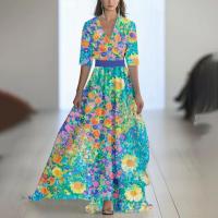 2025 Nueva ropa de mujer, vestido largo estampado con cuello con cuentas, azul - details 14