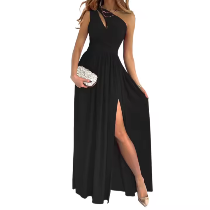 Maxi falda de hombro inclinada para fiesta, vestido dividido de gran altura, sexy, sin mangas. - 1