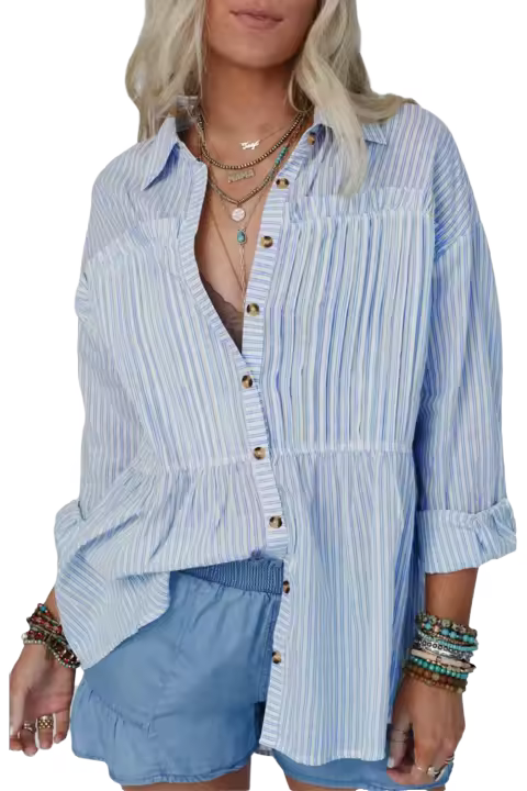 Elrachen Camisa de manga larga con botones y rayas azul cielo para mujer, a rayas, tallas S-2XL - 1