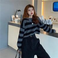 Nuevo suéter recortado a rayas de estilo coreano para mujer, Jersey de punto Vintage de gran tamaño para mujer, jerséis de manga larga con cuello redondo, Tops - details 8