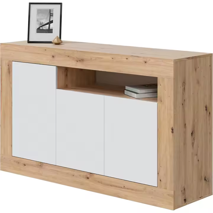 Buffet de 3 Puertas para Salón, Armario Auxiliar, Modelo Baltik, Acabado en Color Blanco Artik y Roble Nodi, Medidas: 144 cm (Ancho) x 87 cm (Alto) x 42 cm (Fondo), Grande (016628W) - 1