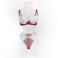 Conjunto de lencería sexy en contraste blanco y negro de 2 piezas translúcido con bordado de lazo de corazón, sujetador y braga para mujer - details 23